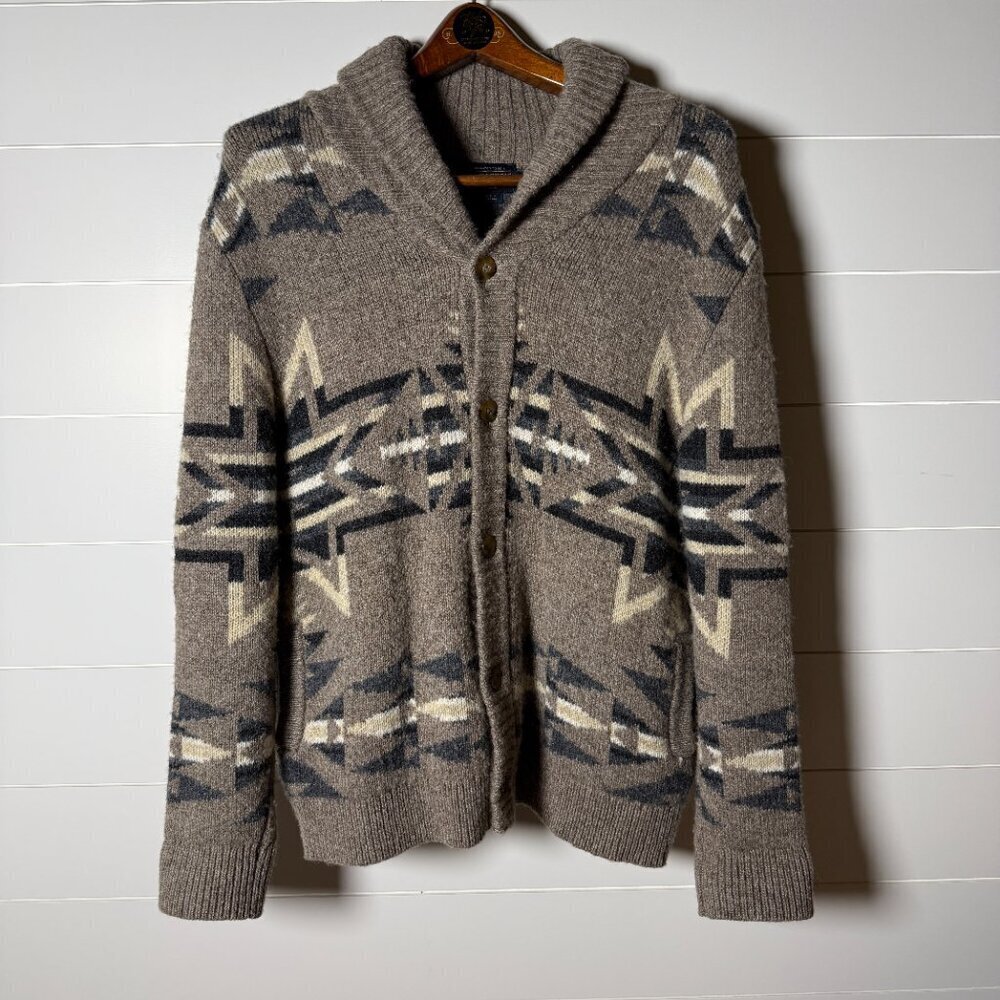 Pendleton Plains Star Shetland Shawl Cardigan 100% Shetland Wool Taupe/Gray.. M